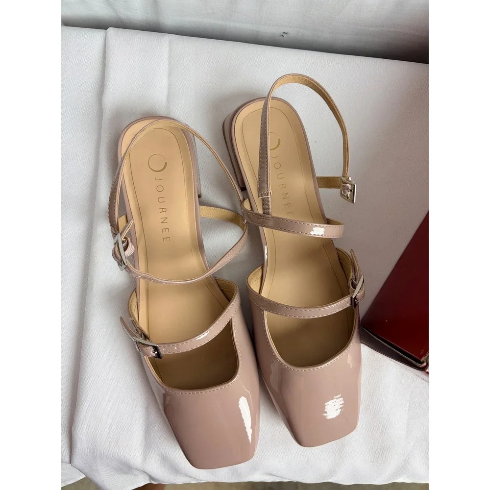 Journee Collection Gretchenn Pink Patent Square Slingback Block Heel 9m Pumps